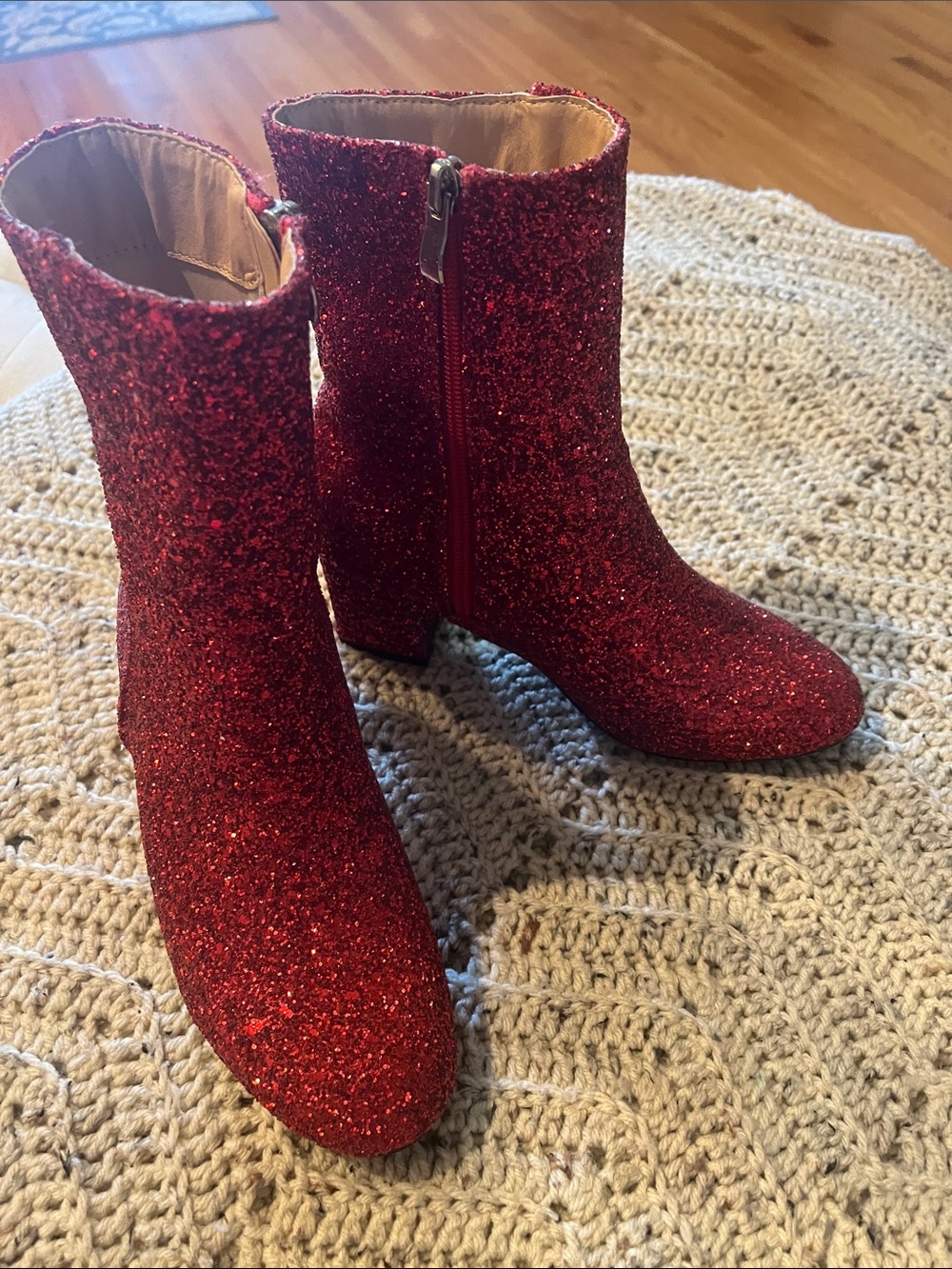 Sparkling Red Glitter Ankle Boots - Women's Block Heel Booties